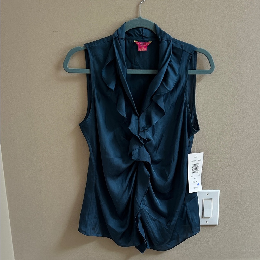 Sunny Leigh Petite Sonata Sleeveless Teal Ruffle Blouse NWT Size PM